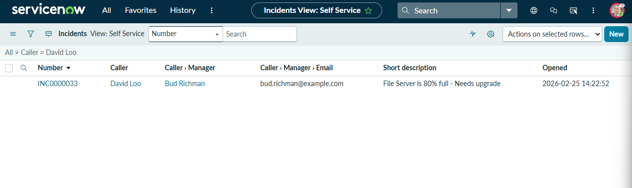 A ServiceNow incident list with a Caller › Manager column populated
